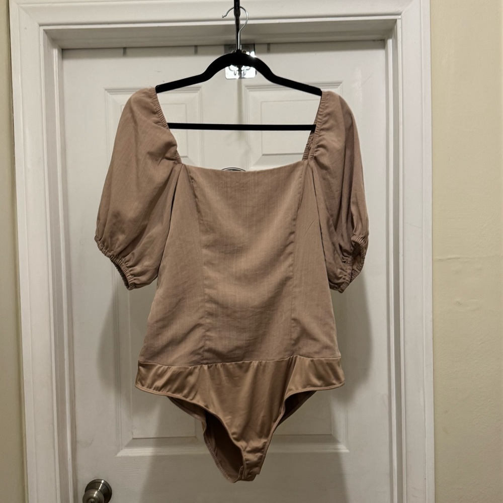 Elegant Tan Puff Sleeve Women's Bodysuit Top